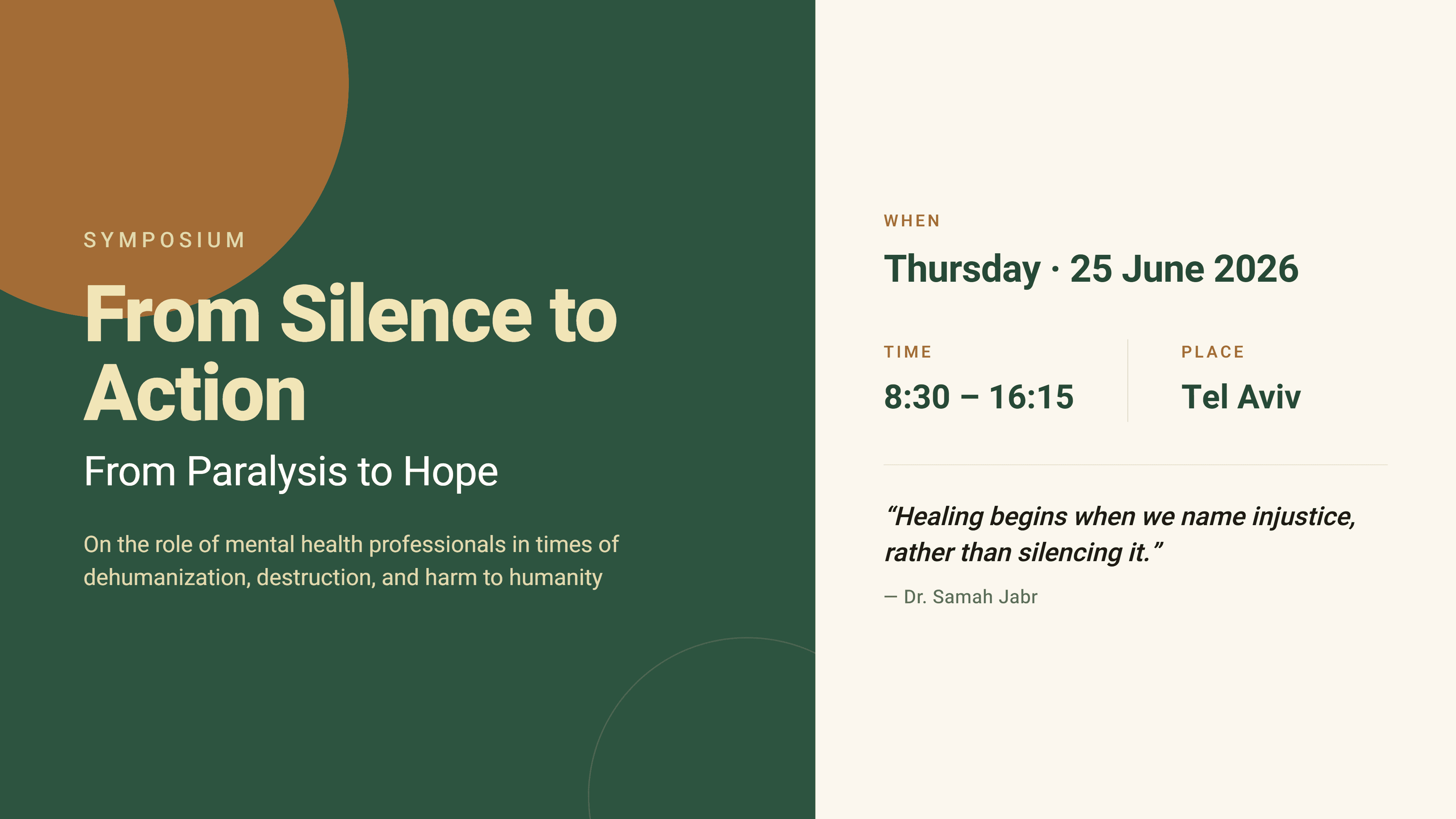 Symposium poster: dark green and cream layout, title "From Silence to Action", date Thursday 25 June 2026, 8:30–16:15, Tel Aviv.